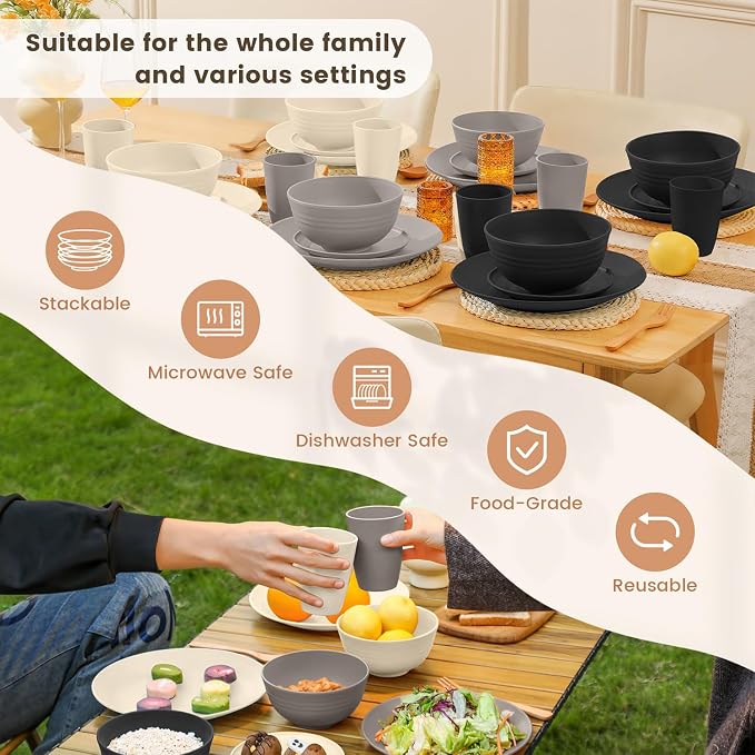Homienly Wheat Straw Plates and Bowls Set, Lightweight & Unbreakable Dinnerware Set for Kitchen, Parties, Holidays, Microwave and Dishwasher Safe Dish Set - Plate Sets, Bowls, Cups, 24pcs (Grey Stone)