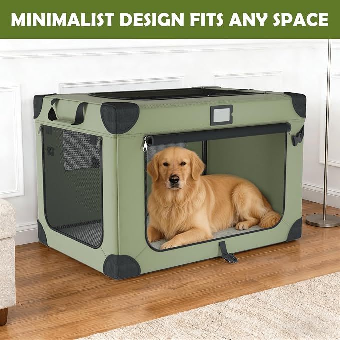 36 Inch Soft Collapsible Dog Crate Green with Waterproof and Easy to Clean | Chew-Proof Mesh Window,Sturdy Frame,Soft Blanket and Foldable Bowl,Waterproof,Portable for Camping,Signature Card,Storage Bag