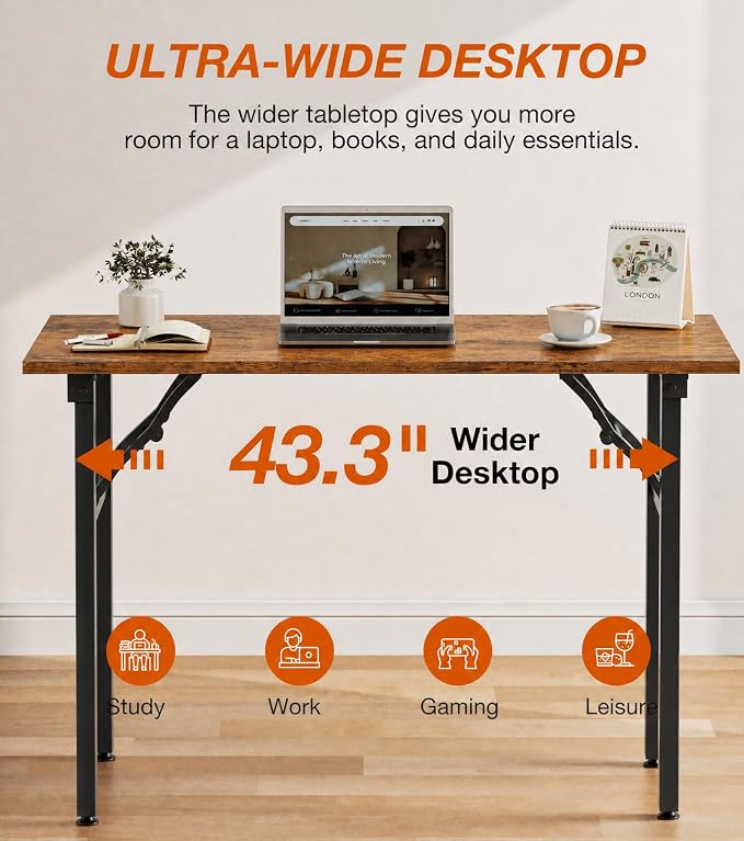 XBurmo Folding Desk Foldable Table, No Assembly 43.3" Foldable Desk Space-Saving Workstation for Small Space, Computer Table, Flat Storage for Home Office, Bedroom, Dorm, Study Room, Rustic Brown