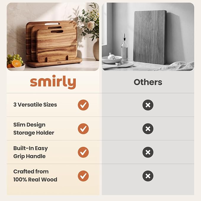 SMIRLY Cutting Boards for Kitchen - 3 Piece Acacia Cutting Board with Stand | Double-Sided Wood Cutting Board, Wooden Cutting Boards Non Toxic for Meat Vegetable Fruit, Food-Grade