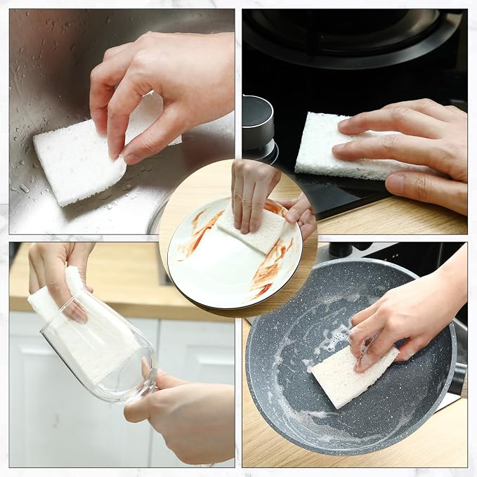 Zhengmy 100 Pieces Sponges Bulk Sponges Kitchen Compressed Sponge Natural Dish Sponge Compressed Wood Pulp Cleaning Without Scratching for Kitchen Bathroom, 3.9 x 2.4 x 0.12 Inch (White)