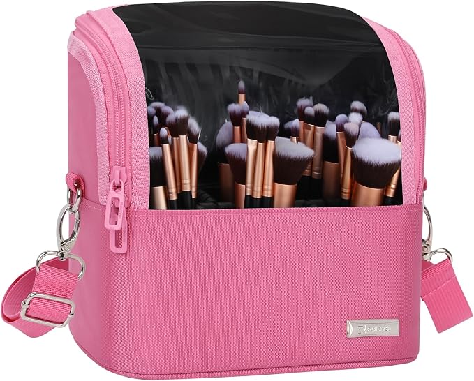 TANTO Makeup Brush Case Stand-up Makeup Cup Makeup Brush Holder Travel Professional Cosmetic Bag Artist Storage Bag Large Makeup Bag with Adjustable Divide (Rose Pink, 1-Large)