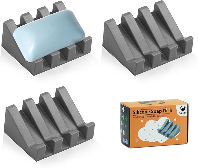 Self Draining Soap Dish Holder,Silicone Soap Dish,for Bathroom,Kitchen, Sponges，Can Extend Soap Life，Keep Soap Bars Dry and Easy Cleaning (N-Grey,3-Pack)
