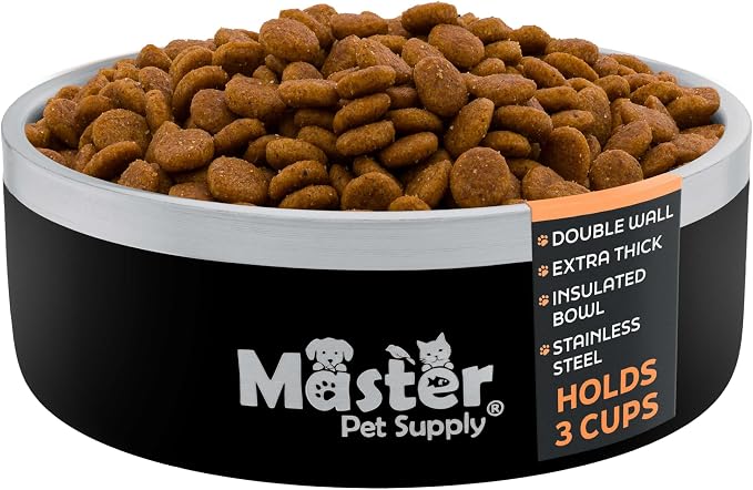 Master Pet Supply Stainless Steel Dog Bowls - 25 oz, Heavy Duty - Black Velvet, Double Wall Extra-Thick Insulated, Non-Slip Pet Water Bowl for Dogs, Cats & Pets, Anti Rust Metal, Dish Washer Safe