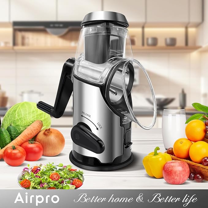 Airpro Rotary Cheese Grater with Handle - Vegetable Shredder with 3 Stainless Steel Blades & Strong Suction Base,Round Mandoline Slicer & Food Chopper for Kitchen