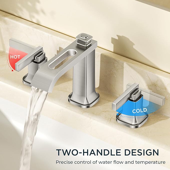 FORIOUS Brushed Nikcel Bathroom Faucet, 8 Inch Widespread Bathroom Vanity Faucets 3 Hole with Metal Pop Up Drain, Unique Waterfall Design