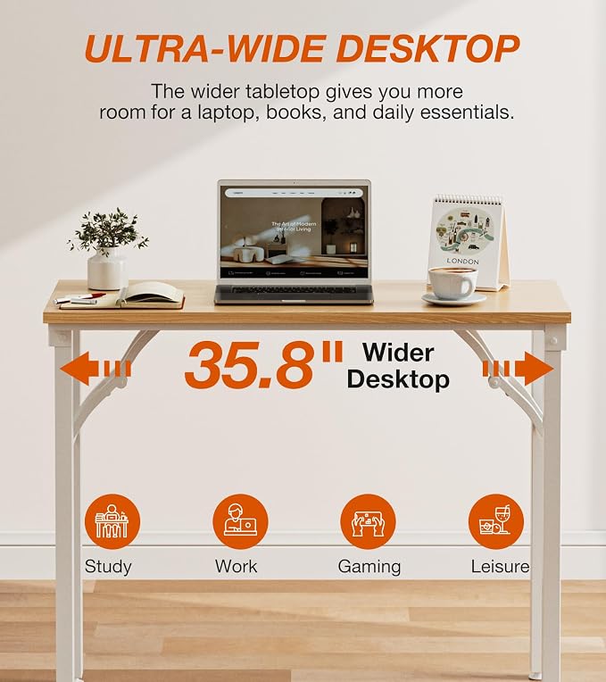 XBurmo Folding Desk Foldable Table, No Assembly 35.8" Foldable Desk Space-Saving Workstation for Small Space, Computer Table, Flat Storage for Home Office, Bedroom, Dorm, Study Room, Light Maple