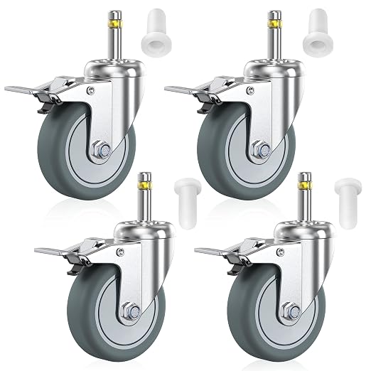 HOLKIE Stem Caster Wheels 3 inch Locking Casters Set of 4, 7/16-Inch Stem Diameter Swivel Castor Heavy Duty TPR Rubber Replacement Castors for Cart, Stool, Mop Bucket, Grill, Shop Vac