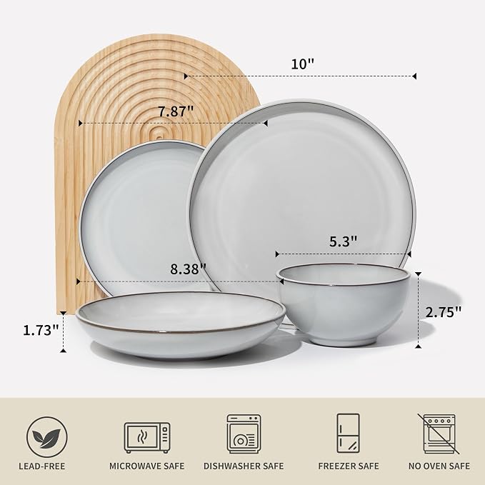 Pokini 16 Piece Double Bowl Dinnerware Sets with Pasta Bowls, Highly Chip and Crack Resistant Plates and Bowls Sets, Natural Earthyware Ceramic Dishware Sets, Service for 4 Moonstone White