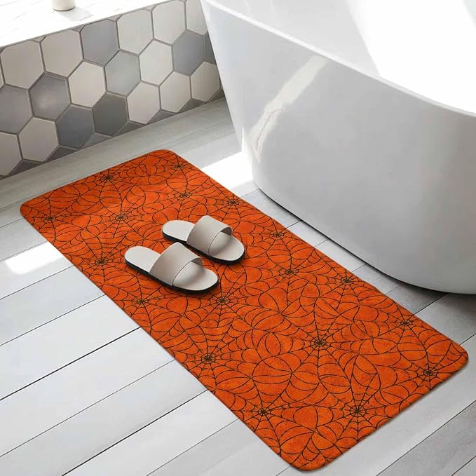 Runner Rug Indoor Outdoor 15.7"x47.2",Orange Halloween Absorbent Non Slip Entry Door Mat,Black Spiders Net Classic Gingham Low-Profile Hallway Rugs for Kitchen Laundry Room Entryway Mudroom Apartment