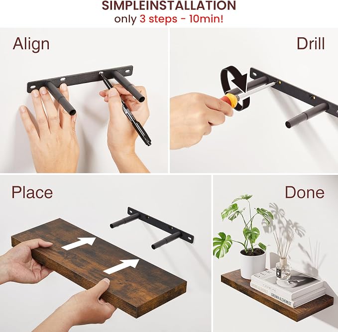 BAYKA Floating Shelves for Wall, 15.7in Wall Mounted Rustic Wood Shelves for Bathroom, Bedroom, Living Room, Kitchen, Hanging Shelf for Storage/Room Decor with 22lbs Capacity (Rustic Brown, Set of 4)
