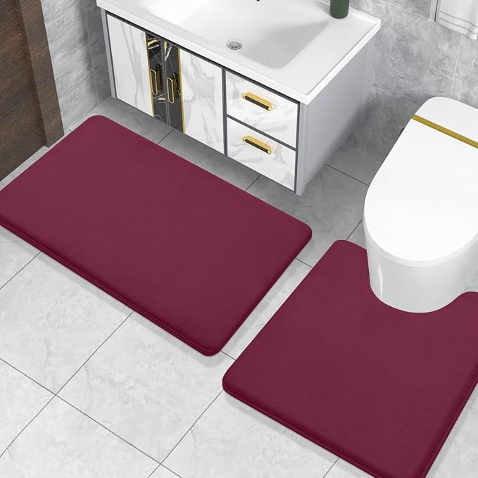 Smiry Memory Foam Toilet Rugs U-Shaped 24x20, Extra Soft Absorbent Non-Slip Contour Bathroom Rugs, Machine Washable Bath Mats for Toilet, Burgundy