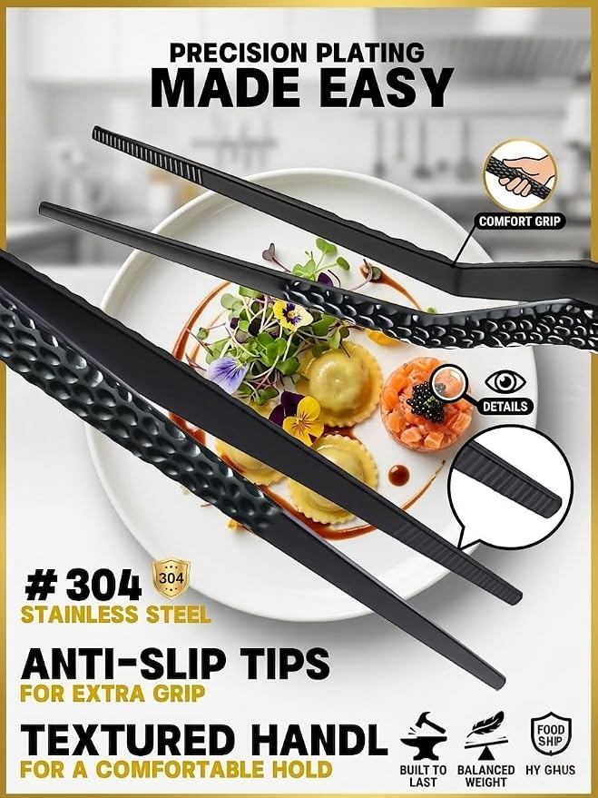 CREATIVECHEF Chef Tweezer Tongs, Professional Kitchen Tweezers, Precision Tweezer Tongs for Cooking, BBQ, Plating, Stainless Steel, Black (5)