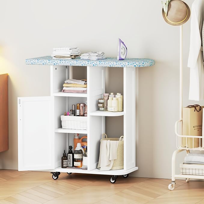 Rolling Ironing Board with Storage Cabinet, Small Ironing Table with Wheels | Ironing Board Cabinet with Fixed Heat-Resistant Pad, Ironing Table with Storage Shelves for Small Space, Laundry, Craft Room