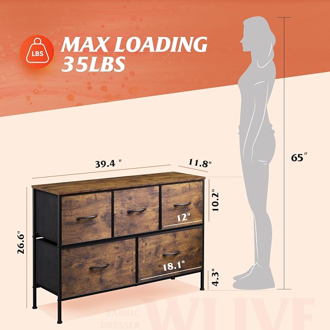 WLIVE 5 Drawer Dresser for Bedroom, Wide Chest of Drawers, Rustic Brown | 5 roomy fabric drawers, Wide low-profile design, Bedroom or closet use, Sturdy steel frame, Smooth wood tabletop