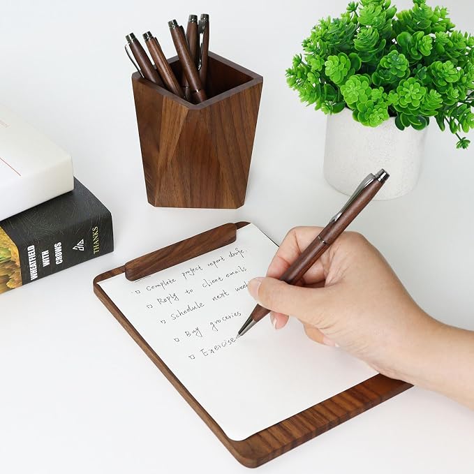 MultiBey Walnut 3-Piece Wooden Desk Organizer Set - North American Walnut Stapler, Wood Tape Dispenser, Wooden Pen, 1000pcs Rose Gold Staples and Tape, for Elegant Home Office Desk
