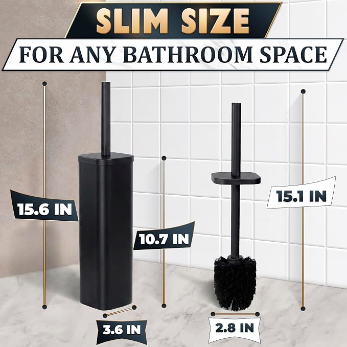 Black Toilet Brush with Square Stainless Steel Holder - Freestanding Toilet Brush and Holder Set Black - Removable Plastic Inner Cup, Splash Guard Cover, Replaceable Head, Corrosion Resistant Finish