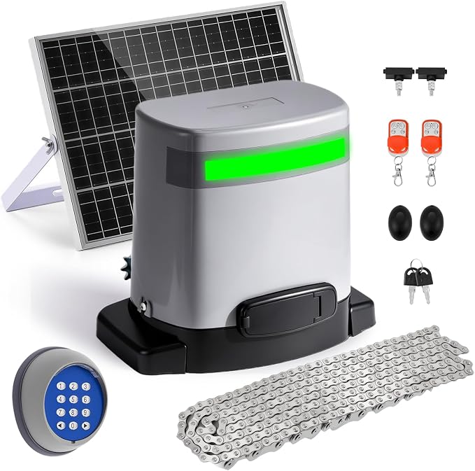 1300lb Sliding Gate Opener with Chain Drive & Solar Panel, WiFi/App & Keypad & Remote Control, Built-in Backup Battery & Infrared Safety Sensor - Complete Automatic Motor Kit for 40ft Gates