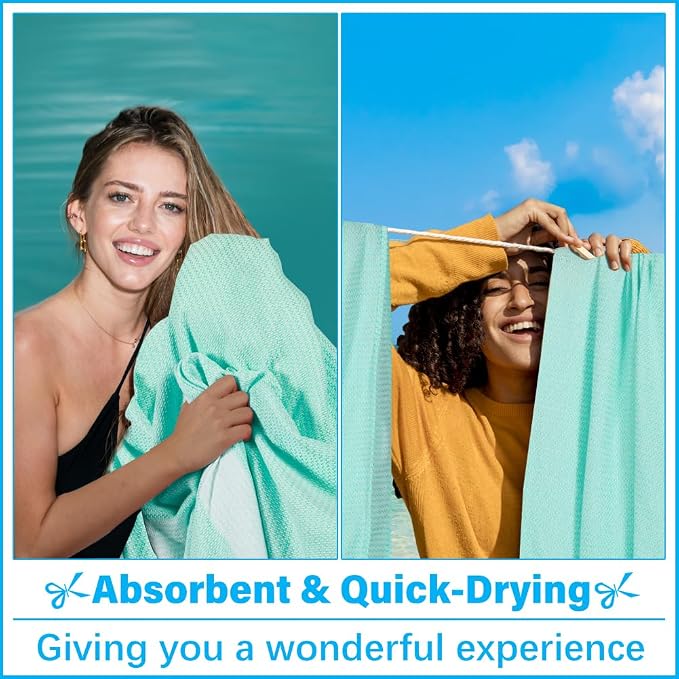 Vikumond Turkish Beach Towel Blanket Oversized 88x82 Inch Quick Dry Aqua | Lightweight Compact Portable Sand Free Absorbent Boho Woven Throw for Pool Swimming Picnic Camping Cruise Outdoor Essentials