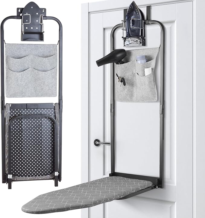 Seiritex Over the Door Ironing Board 14x42 inches with Iron Holder and Pocket Storage Bag, Hanging Iron Board for Home Laundry Room, Black