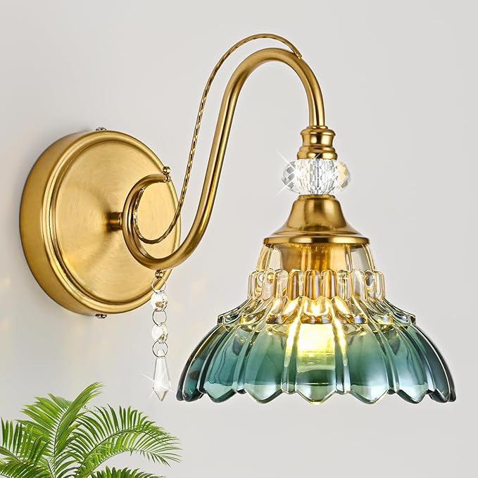 1 Piece Vintage Wall Sconce, 1-Light Brushed Gold Finish Wall Sconce with Hanging Crystal Accents and Flower-Shaped Teal Shades for Bathroom Bedroom Living Room,Vintage Vanity Light