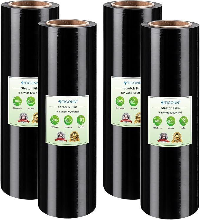 TICONN 4Pk Stretch Wrap Stretch Film Roll, 1000ft Industrial Strength 18 inch Wide Black Plastic Wrap for Pallet Wrapping Shipping Moving (No Handle)
