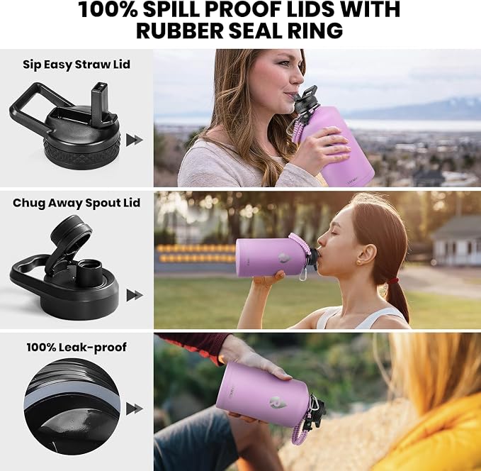RAYMYLO One Gallon Water Bottle Insulated, Triple Walled Vacuum Stainless Steel (Cold for 48 Hrs), Leak Proof & Non-BPA, Large Water Flask Jug with Paracord Handle & Straw Spout Lids