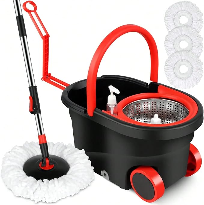 Heavy Duty Rolling Spin Mop Bucket Set with Wringer, 3 Microfiber Mop Heads, Adjustable Handle for Home Floor Cleaning (Black Red)