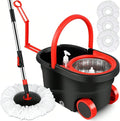 Heavy Duty Rolling Spin Mop Bucket Set with Wringer, 3 Microfiber Mop Heads, Adjustable Handle for Home Floor Cleaning (Black Red)