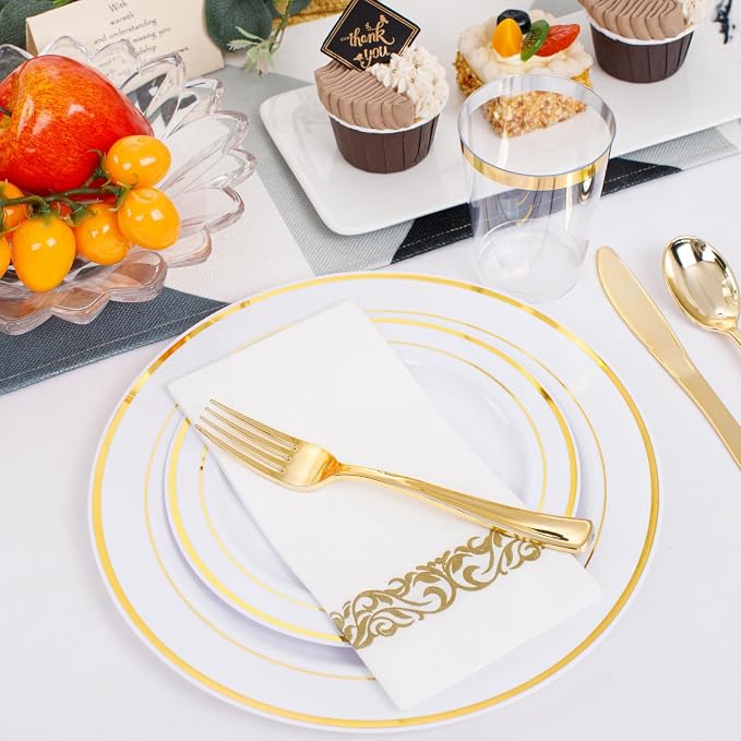 350 Pieces White and Gold Plastic Plates - 50 Guest Dinnerware Set Include 100 Plates, 50 Gold Plastic Silverware, 50 Paper Napkins and 50 Cups for Wedding/Baby Shower/Spring/Birthday/Thanksgiving
