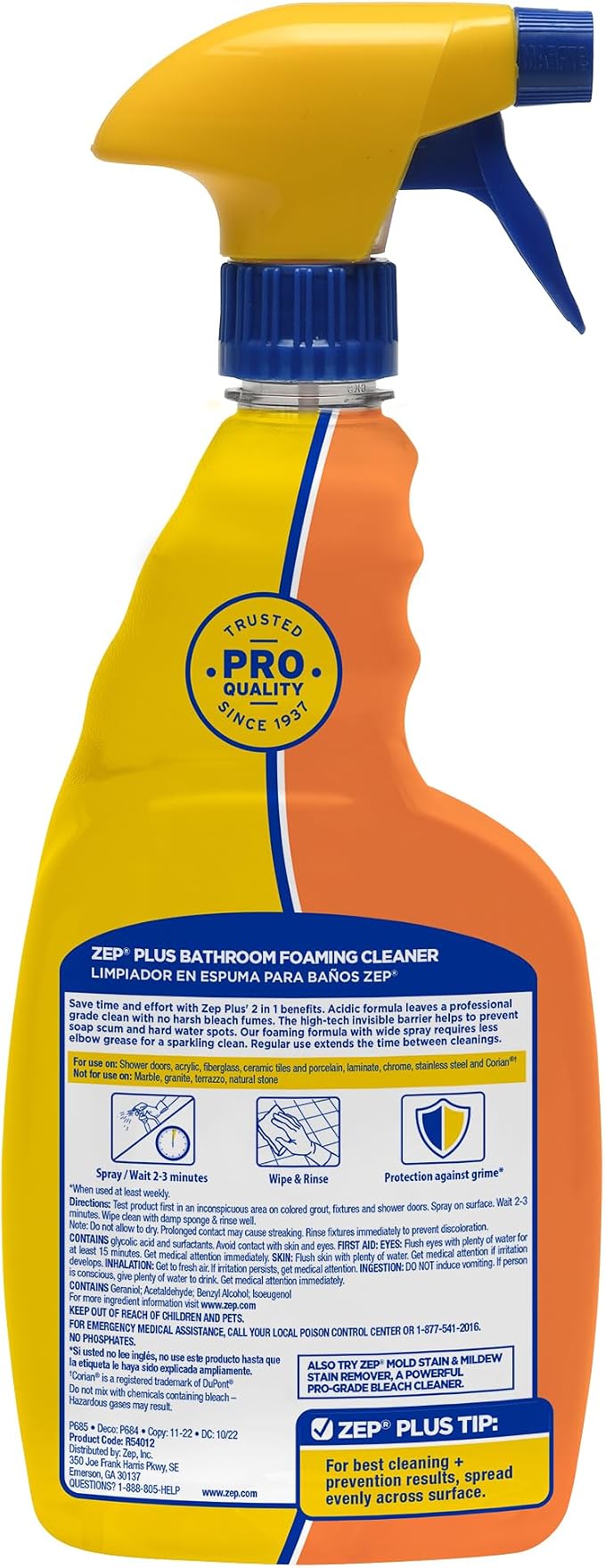 Zep Plus Bathroom Foaming Cleaner - 32 OZ (Case of 12) - R54012 - Prevents Soap Scum Buildup + Long-Lasting Protection - Bleach-free