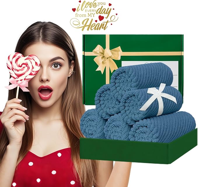 VOOVA & MOVAS Washcloths 6PC, 100% Cotton, 13x13 in, Denim Blue | Thick, Quick Dry, Soft, Absorbent, Wash Cloths For Your Face And Body, Bathroom Essentials