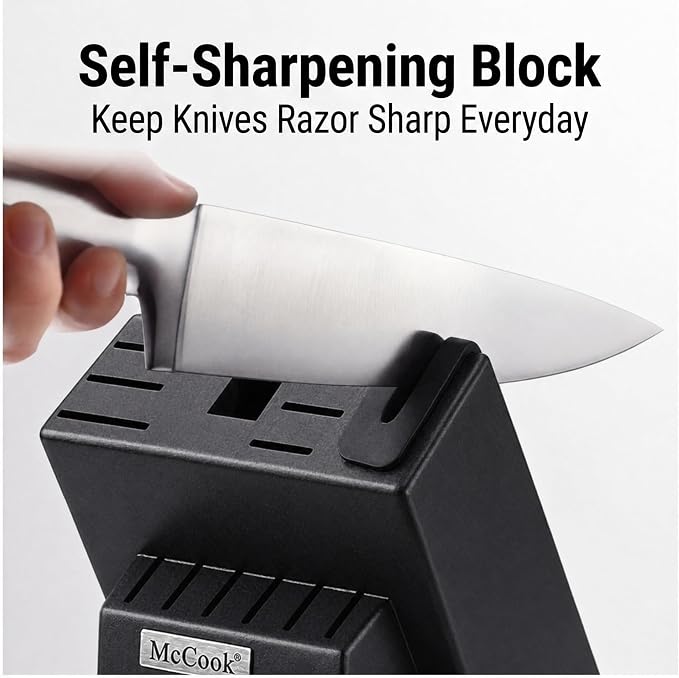 McCook Knife Set Sharp Kitchen Knife Block Set w Built-in Sharpener | German Forged Stainless Steel,15 PC,Razor Sharp,Anti-Rust,Restaurant Grade,Ergonomic Handle,Full Tang,Gift Box