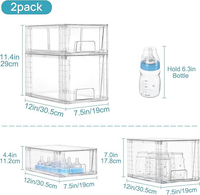 Vtopmart 4 Pack Clear Stackable Storage Drawers,Under Sink and Kitchen Organizers Storage,Easy to Assemble Plastic Drawers for Baby Bottle,Medicine, Bathroom,Cabinet and Pantry Organization