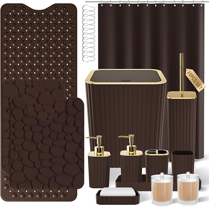 XLHOMO 26PC Bathroom Accessories Set - Gorgeous Brown Bathroom Set, Bathroom Accessory Set, Shower Curtain Set with Bathtub Mats for Shower Tub, Trash Can & Soap Dispenser
