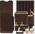 XLHOMO 26PC Bathroom Accessories Set - Gorgeous Brown Bathroom Set, Bathroom Accessory Set, Shower Curtain Set with Bathtub Mats for Shower Tub, Trash Can & Soap Dispenser