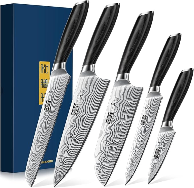 HOSHANHO 5 Pieces Knife Set, High Carbon Powder Steel Forged Chef Knife Set | Japanese Kitchen Knives Set with Ergonomic Pakkawood Handle, Ultra Sharp Kitchen Gadgets with Gift Box for Men and Women