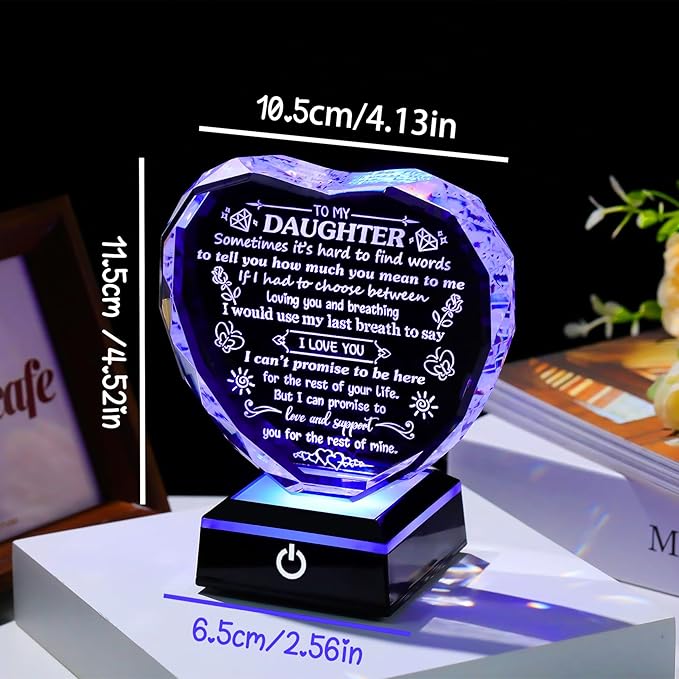Arikyrist Mothers Day Daughter Gifts from Mom Heart Shaped Crystal Plaque for Daughter with LED Light Base Birthday Graduation Gifts for Daughter Home Decor
