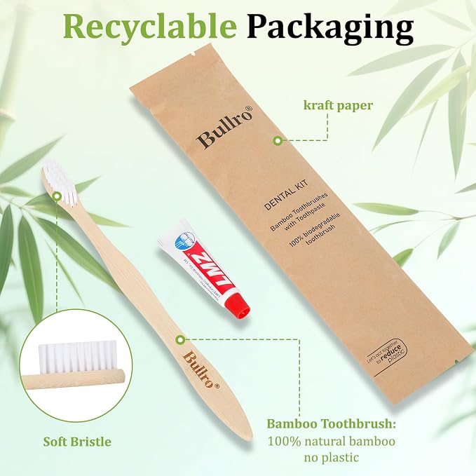 Disposable Bamboo Toothbrush Kit (100 Pack) with 6g Toothpaste - 100% Natural Biodegradable - Individually Wrapped Disposable Amenities for Hotel, Airbnb, Travel, Camping, Homeless & Guest Use
