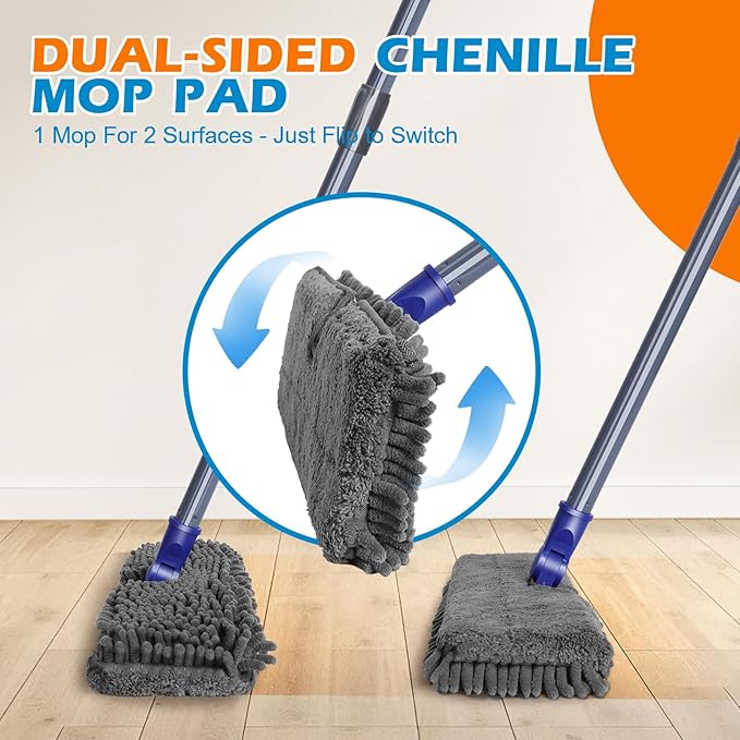 Masthome Dual Sided Flip Mop, Wet Dry Microfiber Dust Mop with 4 Pads & Scraper, 360° Swivel for Hardwood, Laminate, Tile, Pet Hair Cleaning