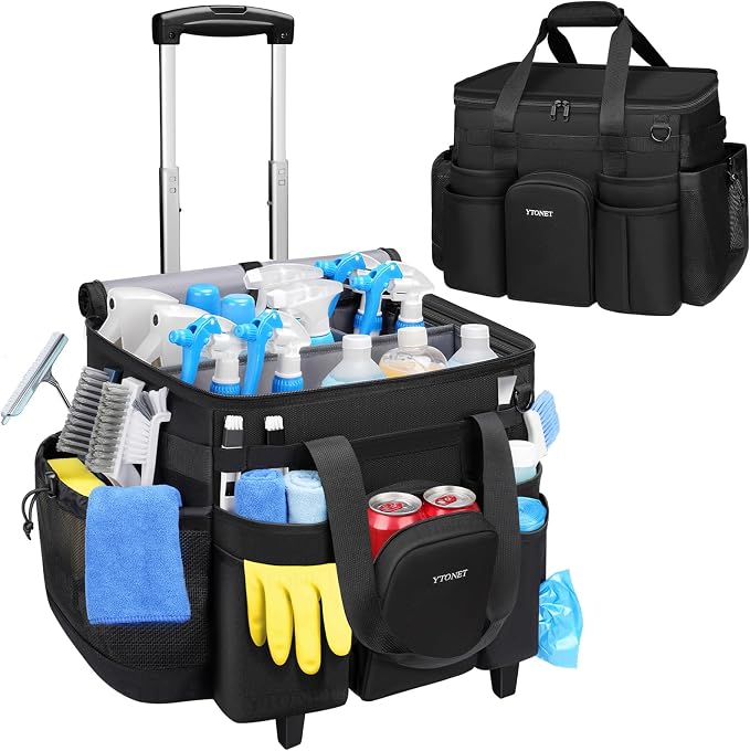 Ytonet Cleaning Caddy with Wheels, Large Rolling Cleaning Caddy Bag with Detachable Trolley for Housekeepers, Water Resistant Cleaner Supplies Organizer with Wheels for Kitchen, Car, Tool Organizer