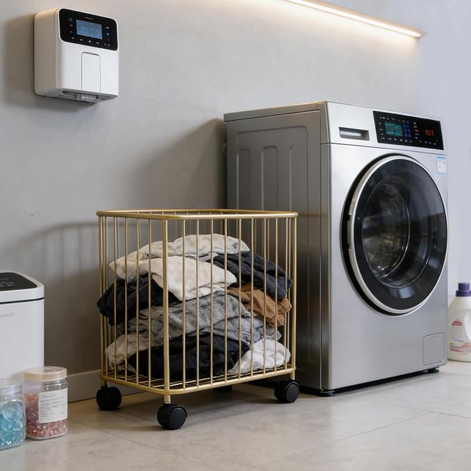 Gold Laundry Basket, Metal Laundry Hamper with Wheels, Rolling Storage Cart, Large Capacity Clothes Organizer, 77Lbs Load, Modern Hollow Design for Bedroom, Bathroom, 15.7x9.8x15.7In