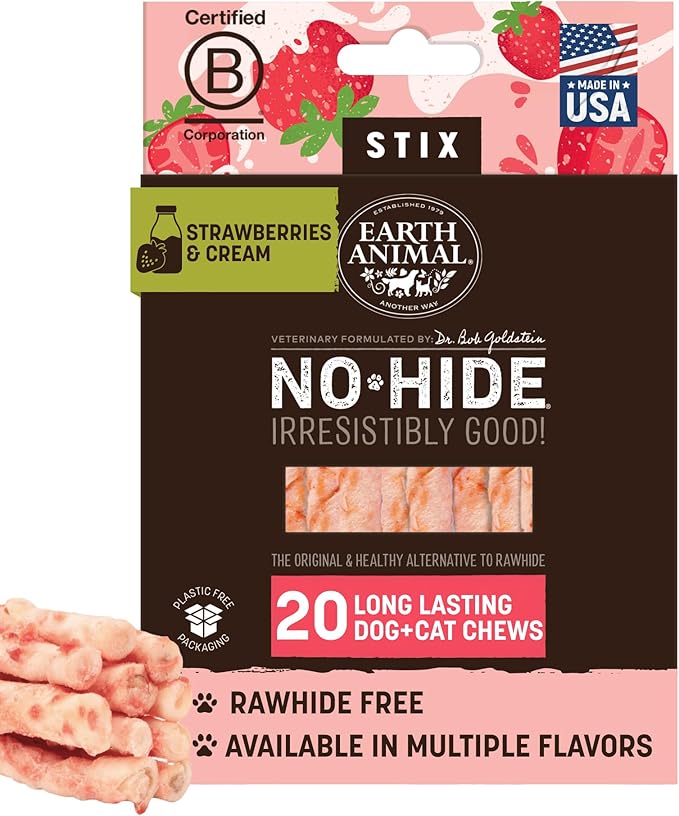 Earth Animal No-Hide Stix Strawberries & Cream Vegetarian Recipe Natural Rawhide Alternative Dog & Cat Chews, 20 Pack Value Pack
