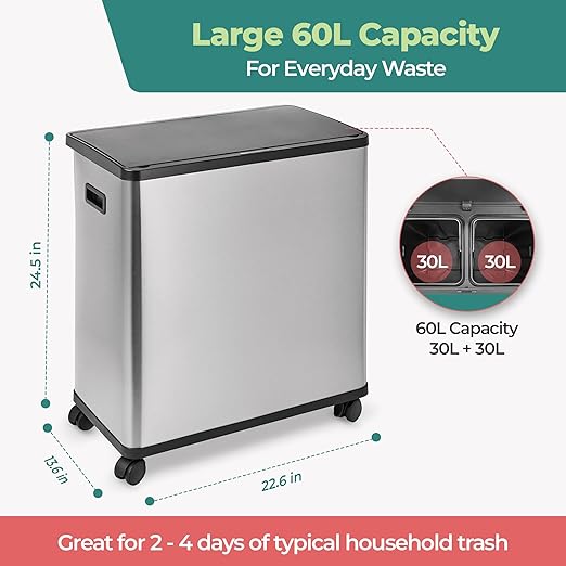 HOLDN’ STORAGE 60L Dual Kitchen Trash & Recycling Bin, Motion Sensor Opening, Soft-Close Lid, Removable Inner Buckets, Stainless Steel, 2 Trash Bag Rolls Included