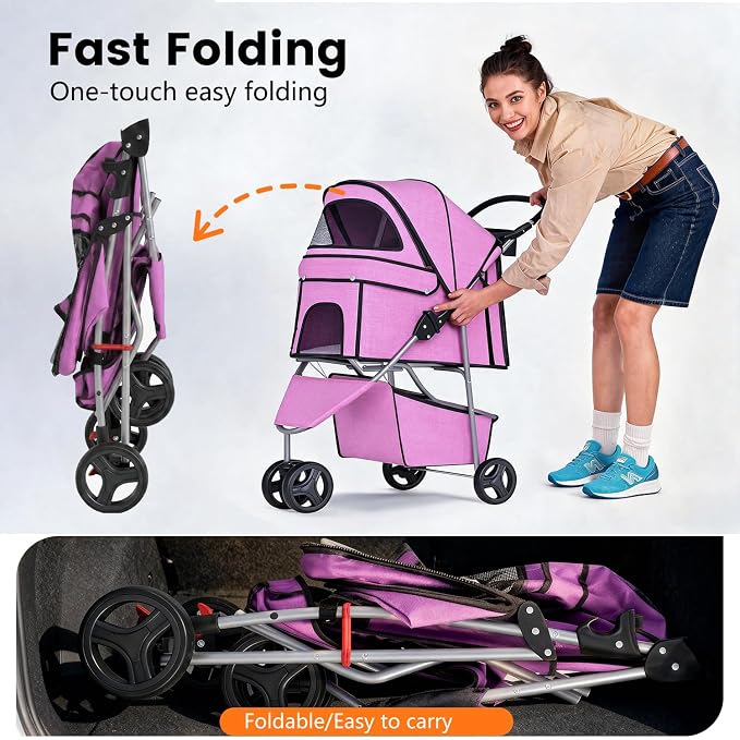 BestPet 3 Wheels Pet Dog Stroller Cat Cage for Medium Small Dogs Cats Travel Folding Carrier Waterproof Puppy Stroller with Cup Holder & Removable Liner,Pink