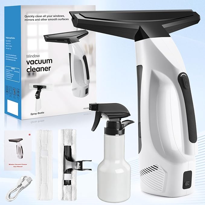 Electric Window Vacuum Squeegee, 2000Pa Rechargeable Window Cleaner Cordless with 200ML Water Tank, Cleaning Kit with Spray Bottle & Microfiber Pad for Glass, Mirror, Shower Door, Car Windshield