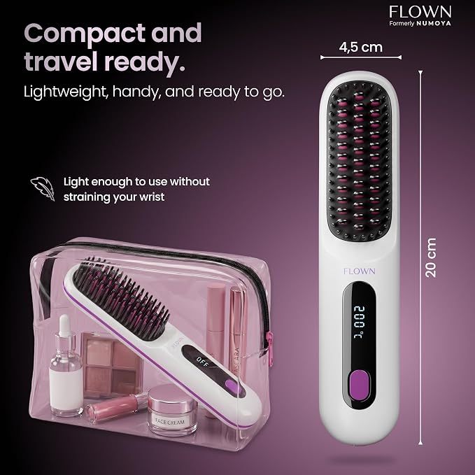 flown® Original Go Brush PRO [Five Minutes Hair Styling Routine] - No Damage Heat Brush with USB-C Charger - Electric Travel Pocket Brush for All Hair Types - White (Formerly Numoya)