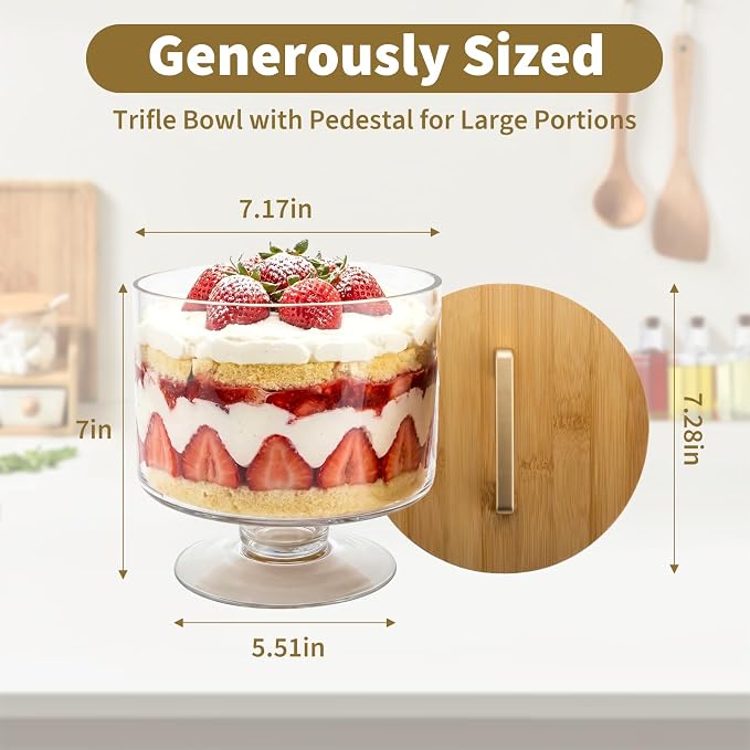 Trifle Bowl with Pedestal and Lid, 70oz - Crystal Clear Glass, Wood Lid with Convenient Handle and Sealing Ring, for Laying Layered Dessert, Ice Cream and Cake, Ideal for Party Displays