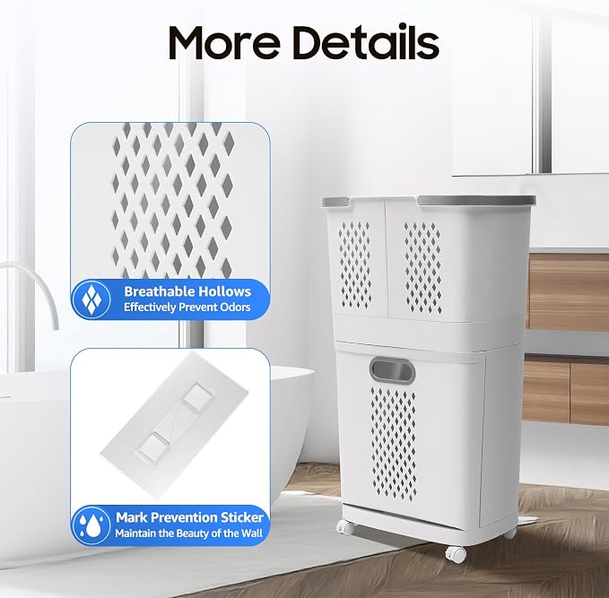 Laundry Hamper, Large Storage Basket Sorter 3 Tiers Organizer for Dirty Clothes Toys Towel,Heavy Duty Laundry Cart Baskets with Wheels in Laundry Room Organization