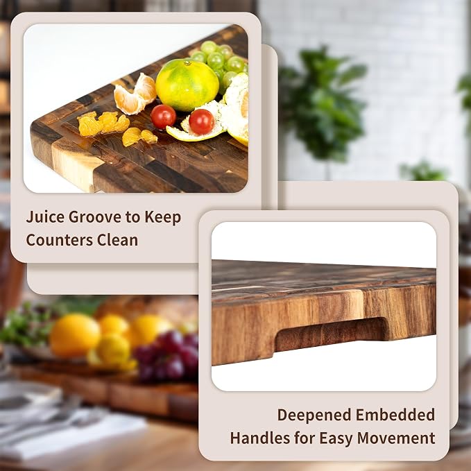 Utoplike Acacia Cutting Board 17 x 12 in, Chopping Boards with Juice Groove | Wood End Grain Reversible Butcher Block with Handles for Meat, Vegetables, Bread, 1.38"Th